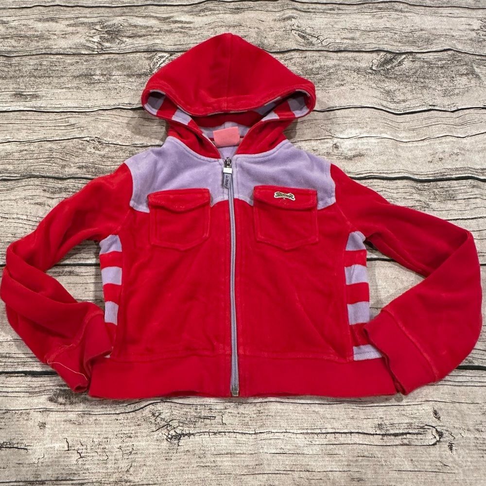 Le Tigre Vintage Inspired Velour Hoodie in Red & Purple; Size 6